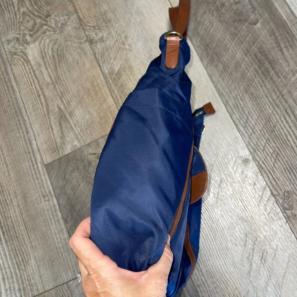 Lily Jade Navy blue brown leather Diaper bag convertible EUC
